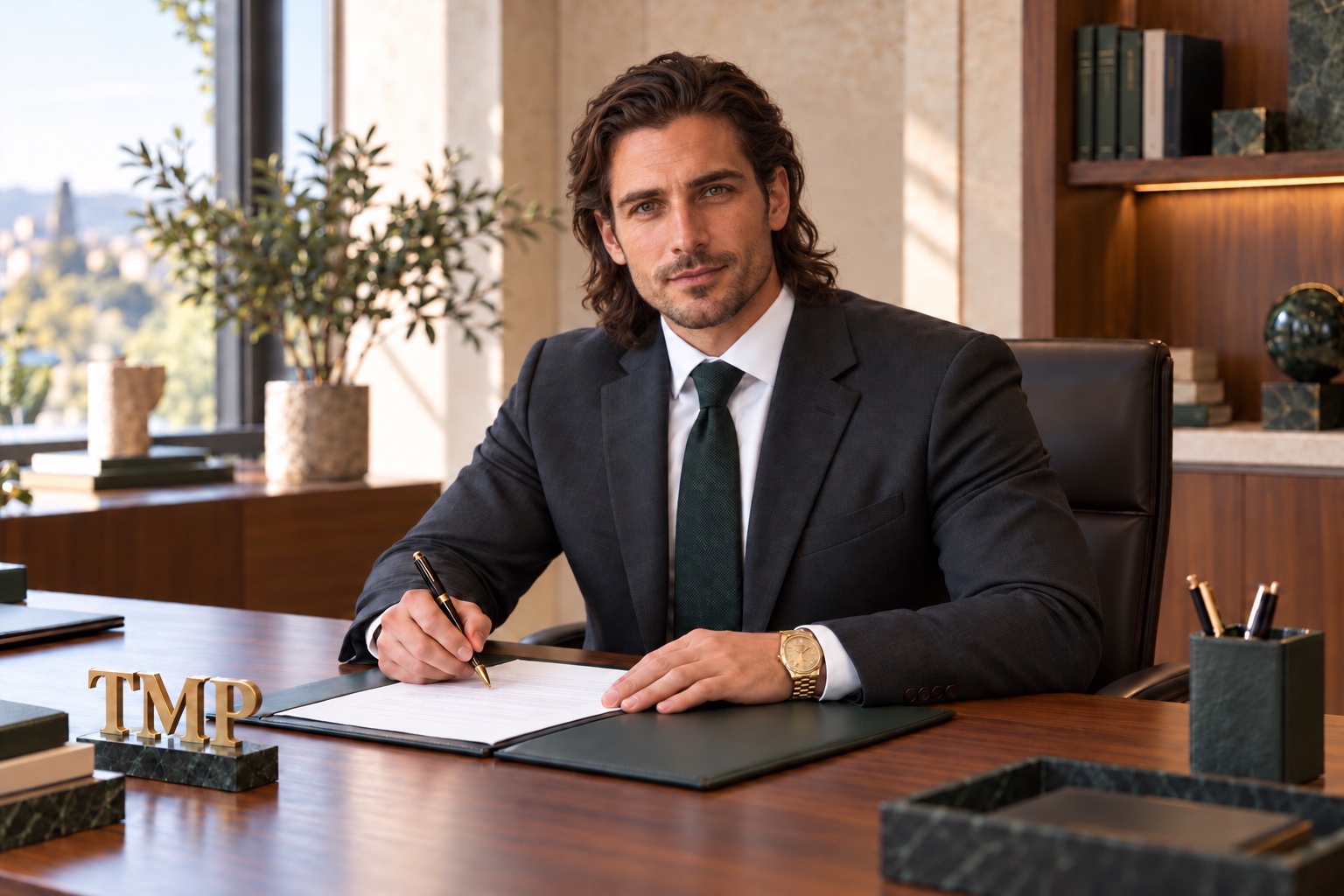 Director with long dark hair signing at his desk, wearing a gold watch, beside a TMP sculpture