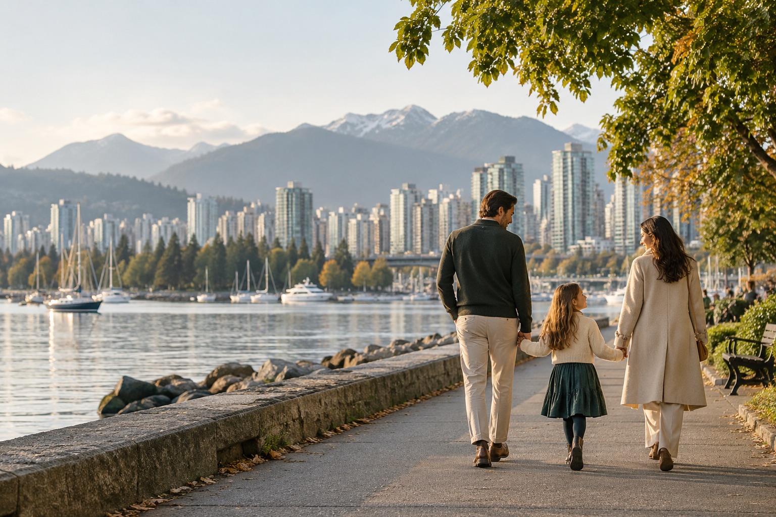 Family walking beside the Vancouver waterfront